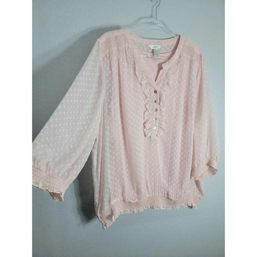 CJ Banks Women 2X Blouse Pink Swiss Dot Ruffle Smocked Hem 3/4 Sleeve Top
